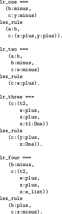 \begin{figure}\begin{verbatim}lr_one ===
(b:minus,
c:y:minus)
lex_rule
(a...
...x:plus,
z:e_list))
lex_rule
(b:plus,
c:x:minus).\end{verbatim} \end{figure}