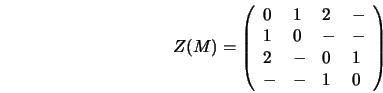 \begin{displaymath}
Z(M) = \left(
\begin{array}{llll}
0 & 1 & 2 & -\\
1 & 0 & - & -\\
2 & - & 0 & 1\\
- & - & 1 & 0
\end{array} \right)
\end{displaymath}