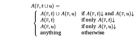 \begin{eqnarray*}
\lefteqn{A(\mbox{\sc f},t\sqcup u) =}\\
& & \hspace*{-.5cm}\l...
...row}\\
\mbox{anything} & \mbox{otherwise}
\end{array} \right.
\end{eqnarray*}