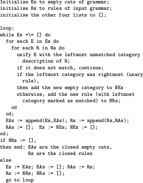 \begin{figure}\centering\begin{verbatim}Initialise Es to empty cats of grammar...
... := []; RAs := Rs;
Rs := NRs; NRs := [];
go to loop\end{verbatim} \end{figure}