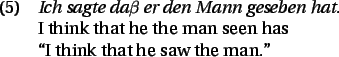 \begin{exe}
\ex \emph{Ich sagte da$\beta$\ er den Mann geseben hat.}\\
I think that he the man seen has\\
\lq\lq I think that he saw the man.''
\end{exe}